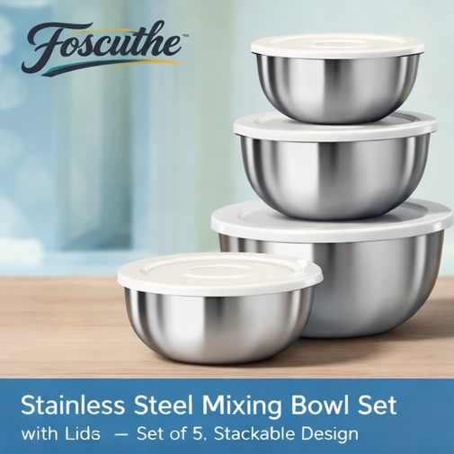 Foscuthe™ Stainless Steel Mixing Bowl Set with Lids - Set of 5, Stackable Design, Stainless steel mixing bowls, stackable bowls with lids, kitchen storage bowls, versatile mixing bowls, easy storage set