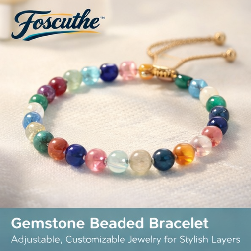 Foscuthe™ Gemstone Beaded Bracelet – Adjustable, Customizable Jewelry for Stylish Layers, Gemstone bracelet, beaded bracelet, adjustable bracelet, customizable jewelry, layered bracelet set
