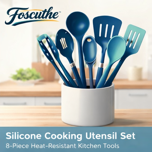 Foscuthe™ Silicone Cooking Utensil Set - 8-Piece Heat-Resistant Kitchen Tools, Silicone cooking utensils, heat-resistant kitchen tools, kitchen spatula set, non-scratch utensils, versatile cooking set