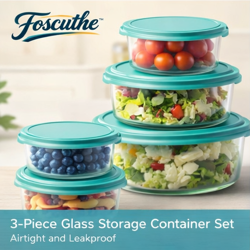 Foscuthe™ 3-Piece Glass Storage Container Set - Airtight and Leakproof, Glass storage containers, airtight storage set, leakproof containers, meal prep containers, eco-friendly food storage
