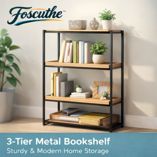 Foscuthe™ 3-Tier Metal Bookshelf – Sturdy & Modern Home Storage, Metal bookshelf, 3-tier bookshelf, modern storage shelf, home storage solution, book display shelf